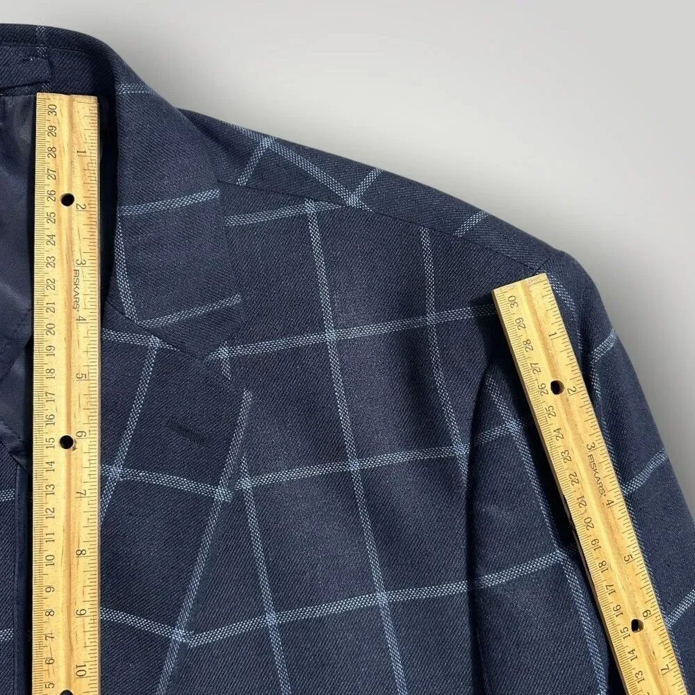 JOS A BANK Men Blazer Sport Coat 46R Navy Windowpane Plaid 2-Button Jacket Linen